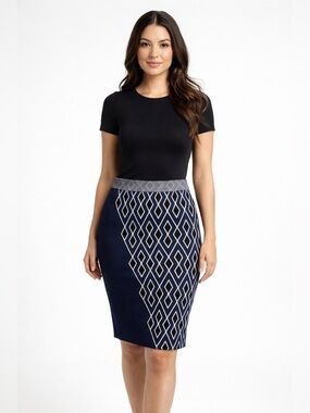 Leo & Sage Womens Sweater Knit Pencil Skirt in Navy Diamond Print Sz M